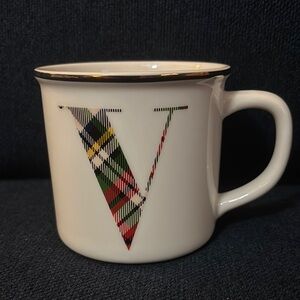 Pottery Barn Stewart Plaid Alphabet “V” Stoneware Mug